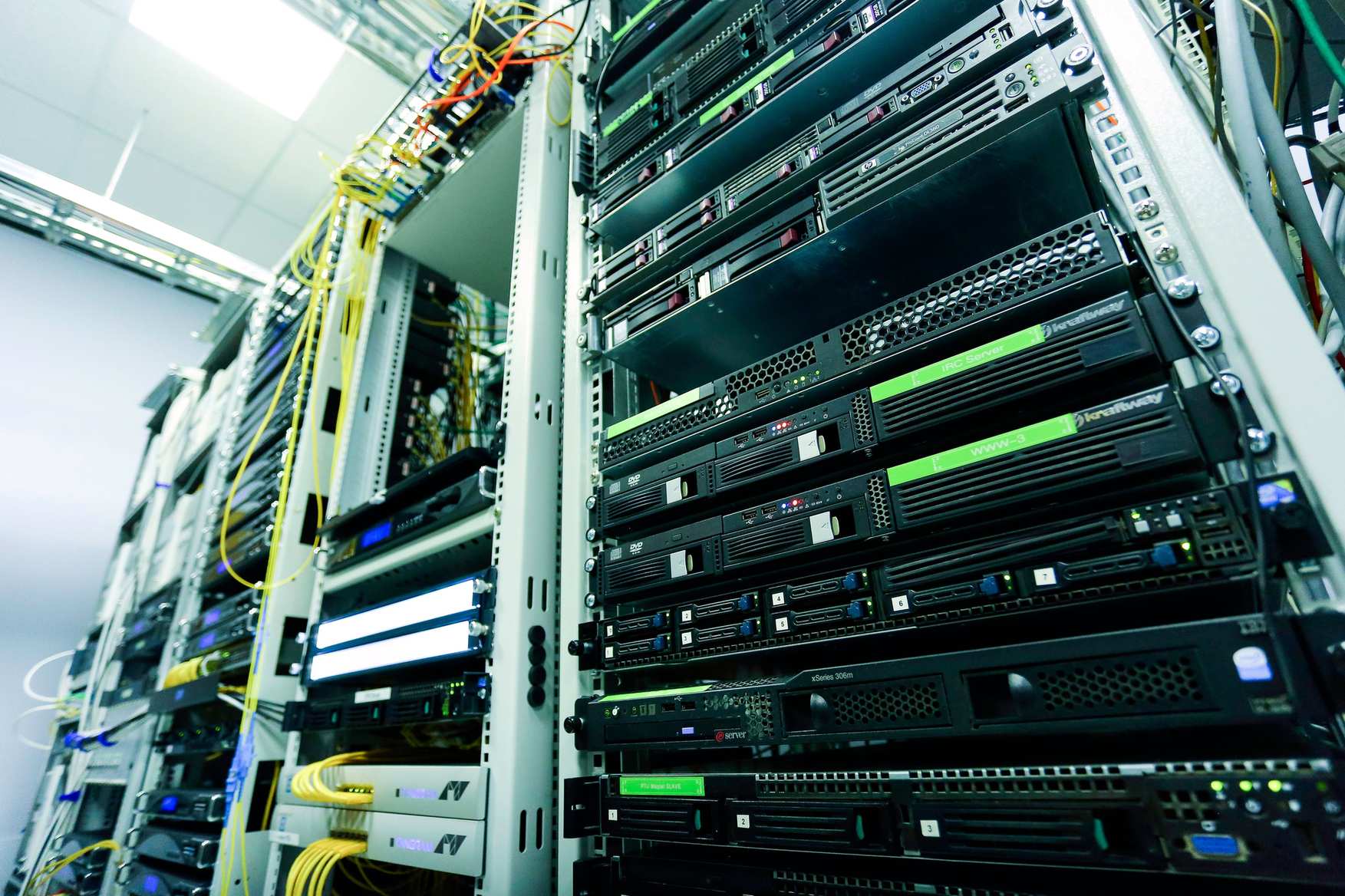 Server hardware with network cabling in a data hall